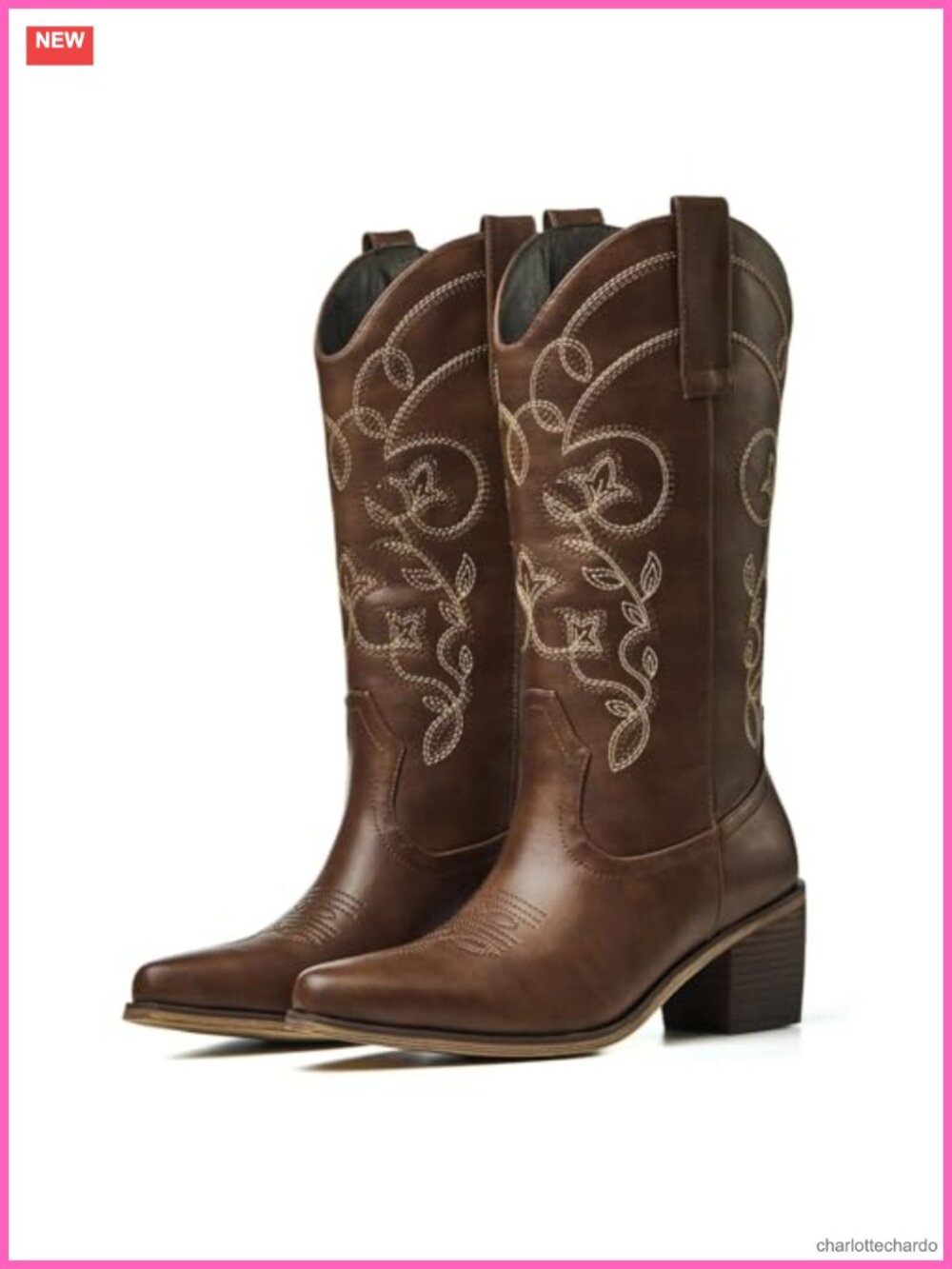 Women's Cowboy Boots Mid-Calf Pointed Toe Faux Leather Chunky Heel Embroidered